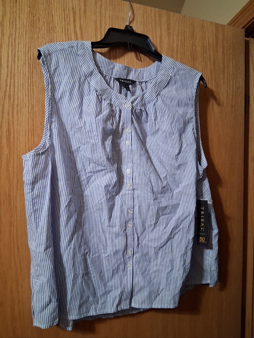 Tribal Blue and White Striped Sleeveless Button-Front Top XL Sz 16